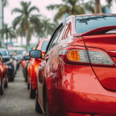 Fototapeta premium Traffic Jam of Red Cars in Urban Setting Close Up Rear View with Palm Trees in Background on Overcast Day