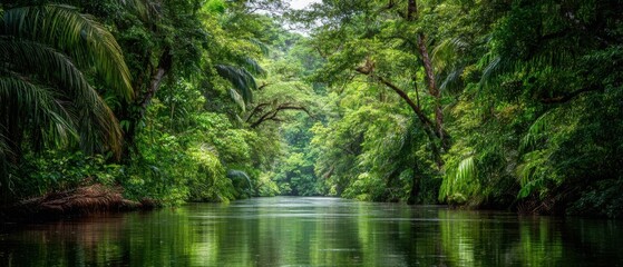 Obraz premium Lush Tropical River Scene in Costa Rica, Eye-Level View of Dense Rainforest Canopy and Calm Waterway, Serene Nature Photography