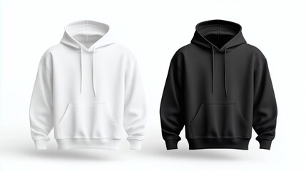 Side-by-Side Mockup of White and Black Hoodie with Front Pockets and Drawstrings, Perfect for Branding, Fashion, and Marketing