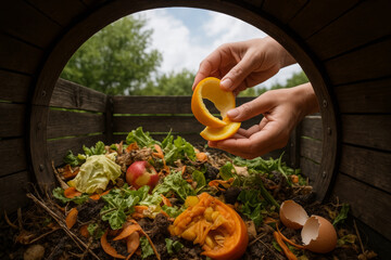 Gardener composting orange peel in wooden barrel compost bin