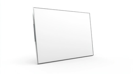 A clean, minimalist digital frame with a thin silver bezel, angled slightly, displays a blank white screen against a pure white background