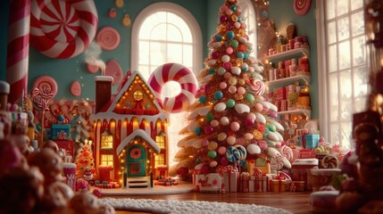 Fototapeta premium Decorated Christmas tree with candy house ornaments in a festive indoor holiday setting.