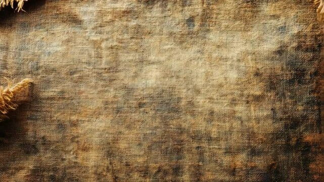 Aged wood texture with burlap corners; rustic, grunge background