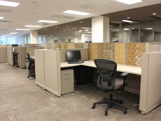 Empty office cubicles in a modern workplace, low angle shot, beige and brown tones, corporate environment, interior design