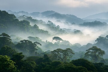 Obraz premium Misty morning in dense amazon forest fog-laden landscape nature photography serene environment early dawn viewpoint