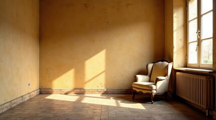 A solitary antique chair bathed in sunlight sits in a room with aged plaster walls and a tiled floor, offering a serene and peaceful atmosphere