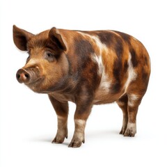 Fototapeta premium Oxford Sandy and Black pig standing in a studio shot on white background facing left showing interesting coloring and detail