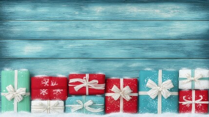 Obraz premium Close-up of wrapped gifts in vibrant paper arranged on a textured blue wooden surface.