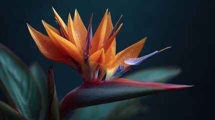 A vibrant bird of paradise flower blooms brightly.