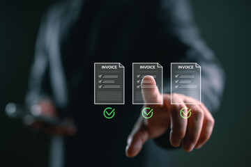 Digital invoice approval concept with businessman interacting virtual documents. Hand selects...