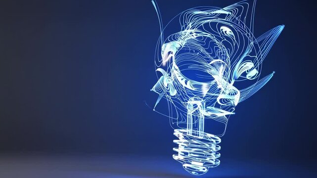 Creative Abstract Light Bulb Design Glowing with Blue Neon Lines on Dark Background, Symbolizing Innovation, Ideas, and AI Generated Futuristic Technology, Conceptual Animation with Copyspace
