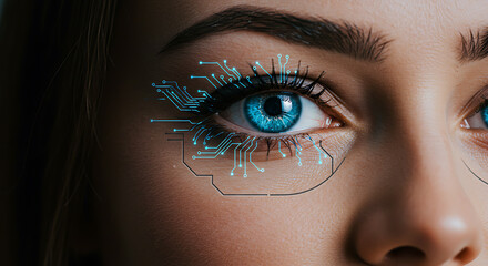 Fototapeta premium Tech-Enhanced Vision: Close-up of Woman's Eye with Circuitry Overlay