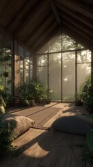 Fototapeta premium Serene sunlit greenhouse interior, lush plants, wooden floor, pillows, tranquil atmosphere, eye-level view, rustic style