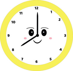 A vector image of a cute yellow wall clock with a happy face, ideal for school and learning-themed projects.