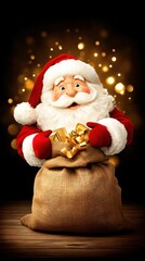Santa Claus in red suit sitting on a sack of presents holding a bell against a white background.