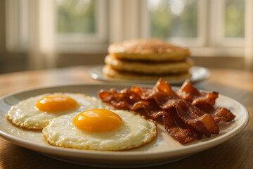 Delicious bacon and eggs with pancakes for breakfast enjoying morning sunlight