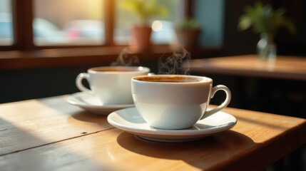 Warm Morning Sunlight Illuminates Steaming Cups of Coffee on a Wooden Table