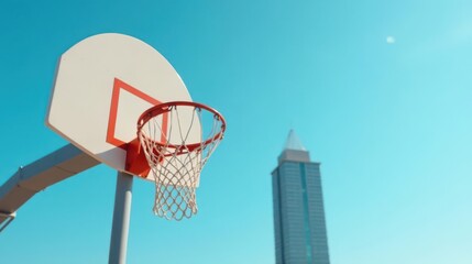 Outdoor basketball hoop against a clear blue sky with a modern skyscraper in the background, symbolizing the contrast between recreation and urban development.