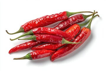 Group of Red Chili Peppers Laying Flat on White Background Studio Shot Overhead Still Life Food Photography