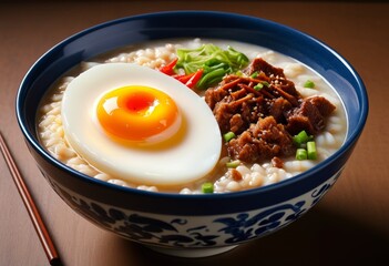 The bowl of rice is topped with meat and an egg