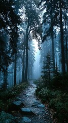 Fototapeta premium A dark forest path shrouded in mist, where mystery lingers in the soft light.