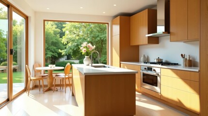 Bright Sunlight Illuminates a Modern Kitchen with Wooden Cabinets and a Kitchen Island, Featuring a Dining Area with Wooden Chairs and a Table Near Large Windows