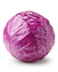 Fototapeta premium Close up studio shot of a vibrant purple cabbage on white background showing texture and detail of leaves for food photography