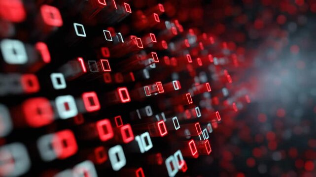 Abstract digital background with red binary code, symbolizing data and technology.