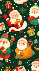 Multiple Santa Claus figures and Christmas decorations arranged on a vibrant green background.