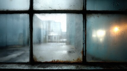 Darkened Industrial Glass Window Panes with Frosted Texture Creating Atmospheric Depth and Intrigue, Evoking Urban Aesthetic and Modern Design