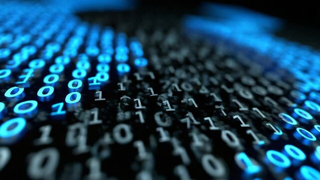 Digital binary code background with glowing blue numbers in a dark environment.