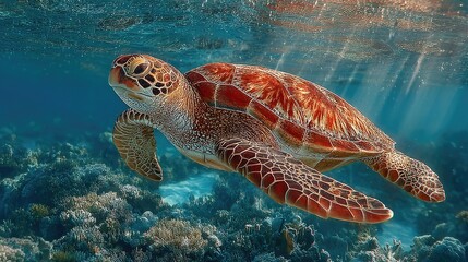 Fototapeta premium Endangered Hawaiian Green Sea Turtle gliding through ocean waters, a serene glimpse of marine conservation in action