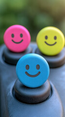 Three smiling faces are on a black button. The buttons are blue, yellow, and pink. The buttons are smiling and the mood of the image is happy
