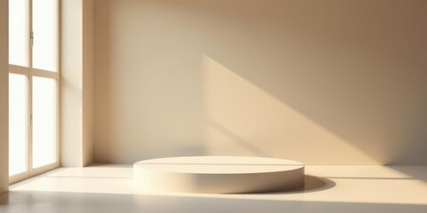 Fototapeta premium Serene Minimalist Interior with Sunlight Illuminating a Circular Display Platform