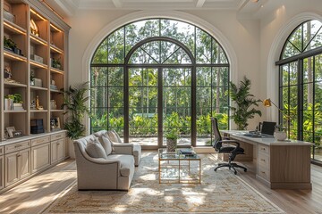 Fototapeta premium Beautiful luxury mansion home office with tall windows, neutral colors, tan wood floors, large curved window overlooking lush greenery, grey armchairs, glass coffee table, brass light fixtures, and na