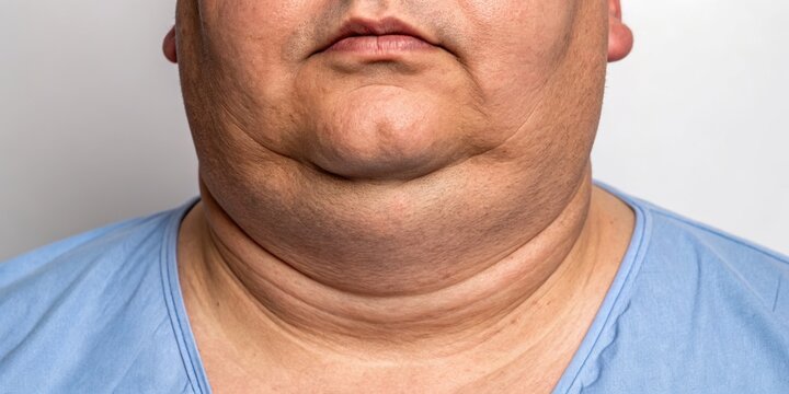 Close-up of an overweight man's neck and chin area, showing excess skin folds and double chin, wearing a light blue shirt, clinical lighting, high detail, medical photography style