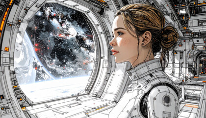 Female Astronaut Gazing into Deep Space from a Spaceship Window