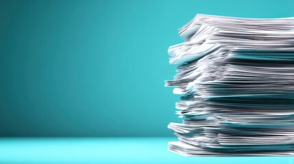 Stack of White Paper Documents on Teal Background Studio Shot Close Up Overload Bureaucracy Administration Pile of Files