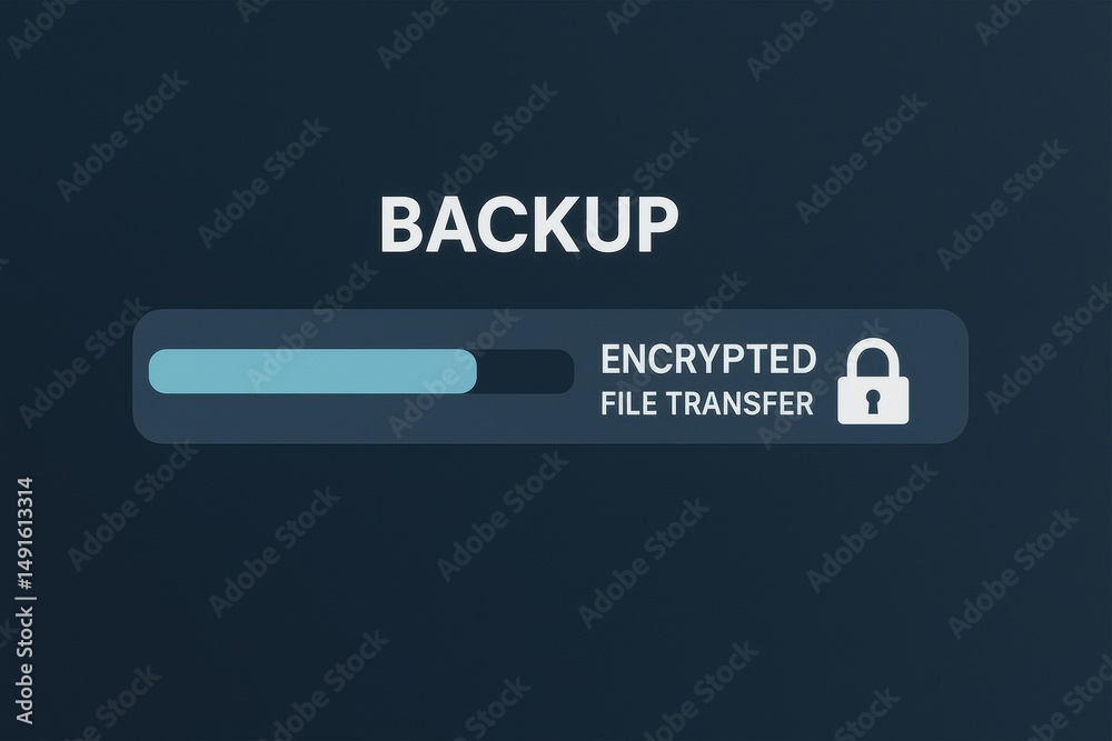 Poster data backup process indication with encrypted file transfer progress bar visual representation