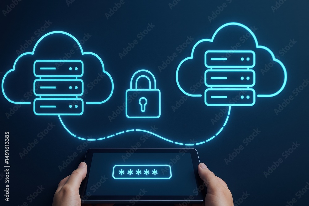 Poster secure data transfer between two cloud servers with password input on tablet device