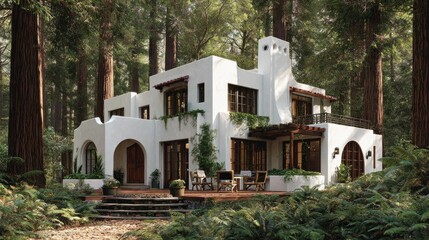 Forest Haven White Spanishstyle Home nestled in Redwood Grove Serene Living.