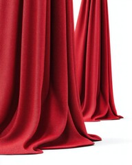 Red curtains cascade down in a dramatic fashion studio shot on white background for theater or stage design