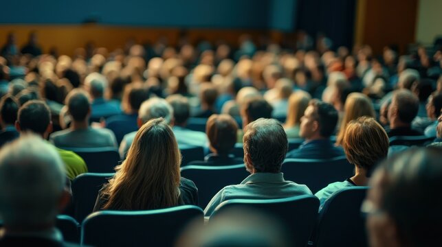 A diverse crowd of people seated in a large auditorium, attentively listening to a speaker.