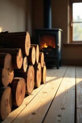Fototapeta premium Warm sunlight illuminates a stack of seasoned firewood logs near a cozy wood burning stove on a light wooden floor