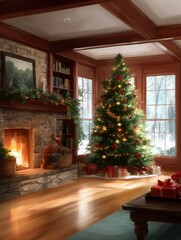 Christmas tree decorated with lights and ornaments in a cozy living room, surrounded by wrapped presents.