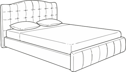 Elegant Upholstered Bed with Tufted Headboard Design - Line Art Vector