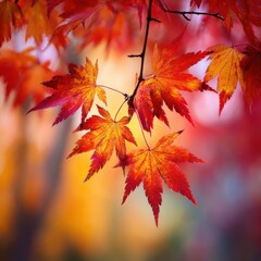 Vibrant Japanese Maple Leaves Displaying Autumn Color Close Up Shot in Garden Setting with Bokeh Background