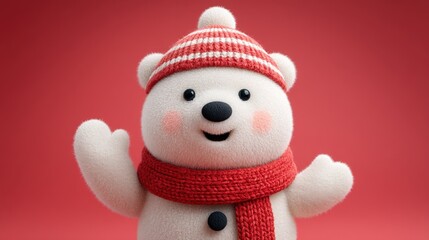 Fototapeta premium Worn teddy bear with red scarf and hat against a plain white background, studio lighting.