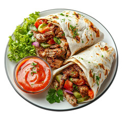 Eastern traditional Turkey shawarma plate with sauce [Transparent Background PNG].