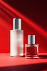 Two cylindrical bottles, one opaque white, one clear amber, with silver caps, sit on a red surface, illuminated by dramatic red light streaks